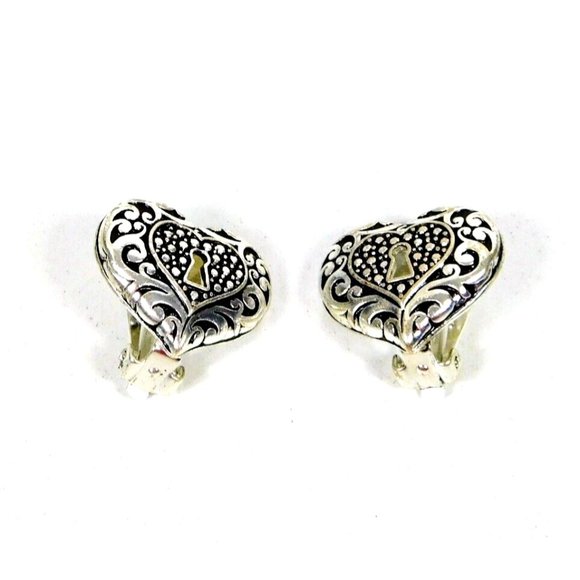 Heart Shape w/Keyhole Filigree Design Comfort Clip Earrings Silver Tone - Picture 6 of 8